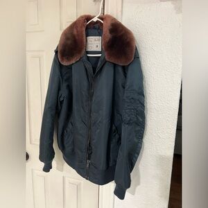 Men's Blue Bomber Jacket with Brown Fur Collar